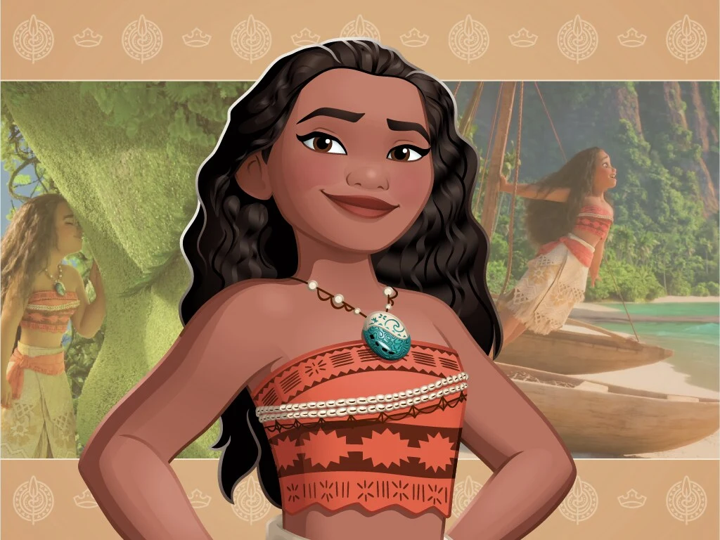 Moana con su collar del corazón de Te Fiti, frente a su isla