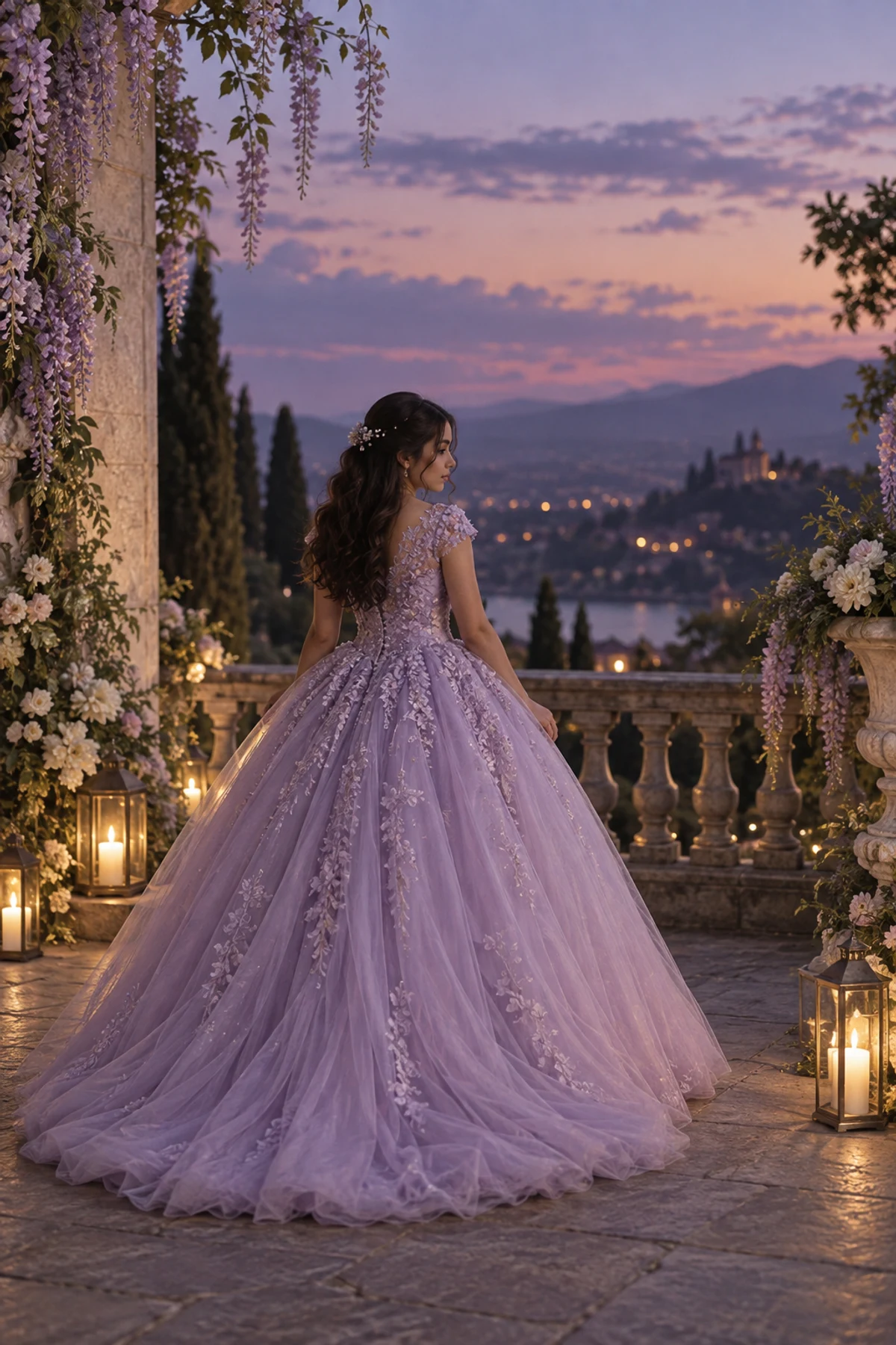 Valentina con vestido lavanda en un jardín al atardecer